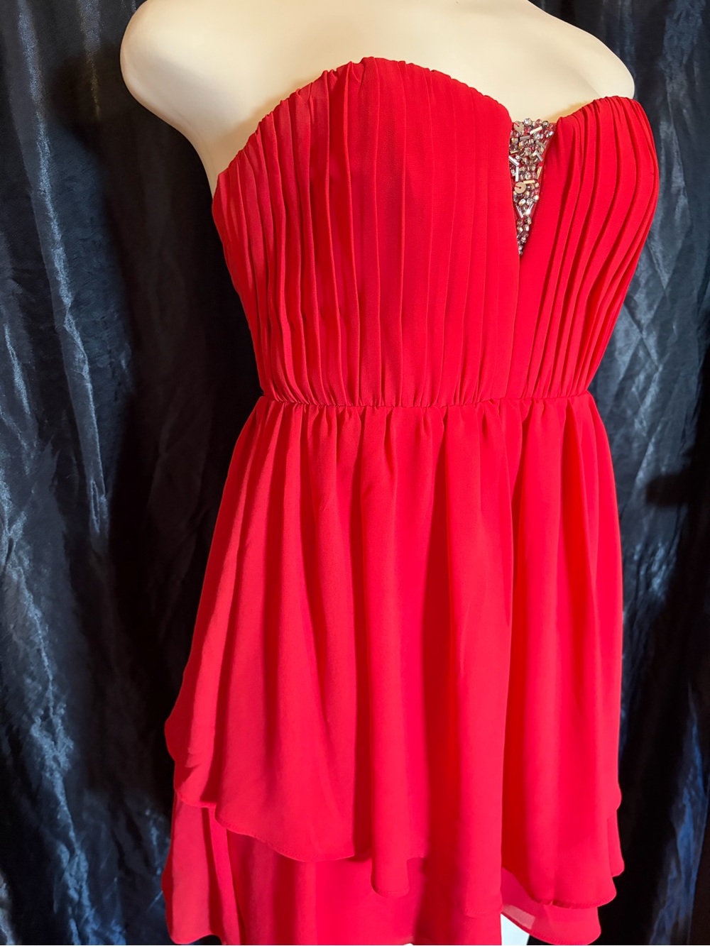 Sequin Hearts Strapless Red Pleated Chiffon Cocktail Dress with Jeweled Accent